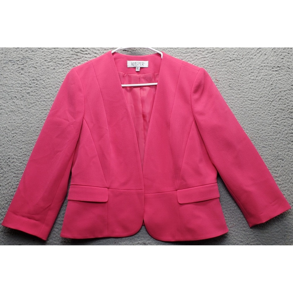 Kasper Blazer Jacket‎ Womens 8P Pink Lined Slit Sleeve Jetted Pockets Open Front